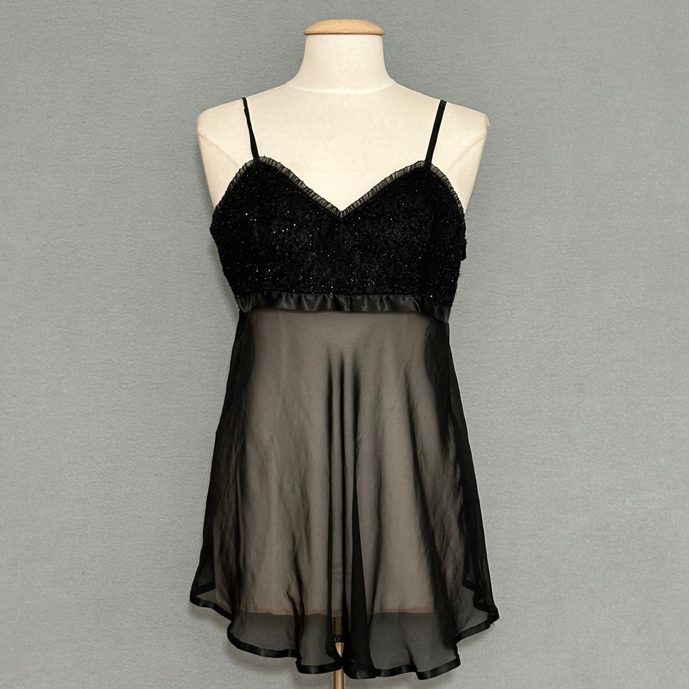 Gothic Coquette Womens Slip Dress Nightgown L Black Lace Mesh Babydoll Sparkle